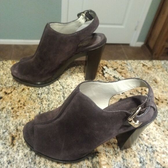 Michael Kors Chunky High Heels Brown Suede Leather Buckle Back Mules Womens 8 - Picture 6 of 12